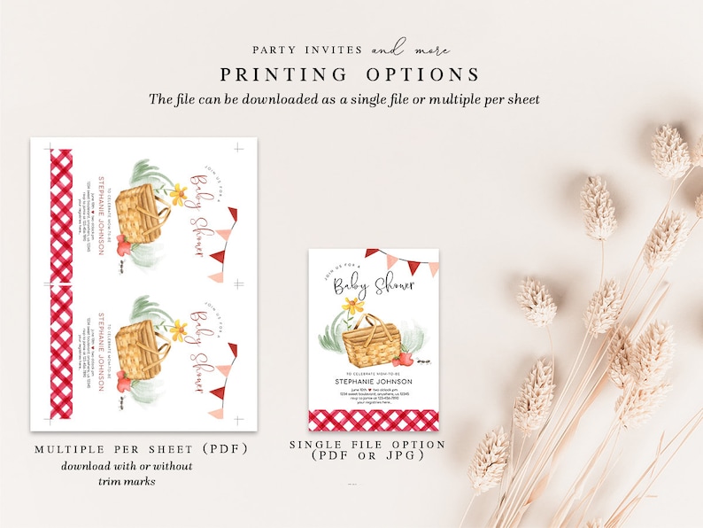 May include: Printable baby shower invitation featuring a picnic basket with red and white gingham pattern, flowers, and a banner that says "Baby Shower". The invitation is available as a single file or multiple per sheet.