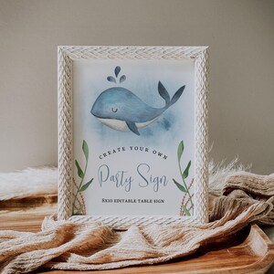 Walvis babyshower aangepast tafelbord, borden verjaardagsfeestje walvis, bewerkbaar nautisch welkomstbord, Under the Sea, 107