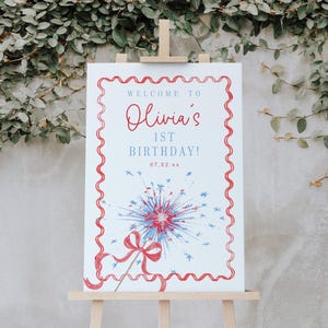 4th of July Birthday Party Welcome Sign, Editable Patriotic Fourth of July First Birthday Poster, Red White and Blue, 2826