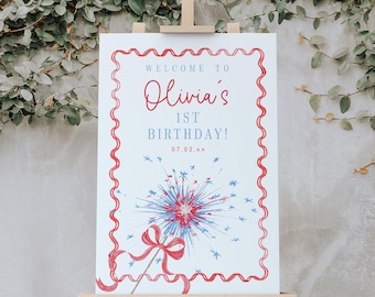 4th of July Birthday Party Welcome Sign, Editable Patriotic Fourth of July First Birthday Poster, Red White and Blue, 2826