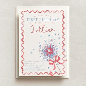 Printed 4th of July Birthday Party Invitation, Patriotic Fourth of July Birthday Invitation with Bow and Gingham, Red White and Blue, 2826