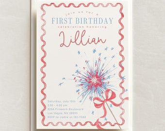 Printed 4th of July Birthday Party Invitation, Patriotic Fourth of July Birthday Invitation with Bow and Gingham, Red White and Blue, 2826