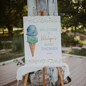 Bearbeitbares Eiscreme-Willkommensschild, grünes und blaues Eiscreme-Babyparty-Willkommensschild, Eiscreme-Party-Geburtstagsschild, druckbares Türschild 2521