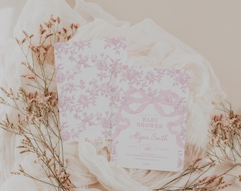 Light Pink Bow and Toile Baby Shower Invitation, Pink Floral Baby Shower Invite with a Bow, 2771