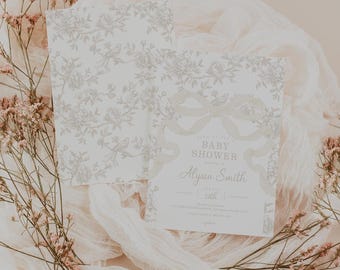 May include: A white baby shower invitation with a floral pattern and the text "Baby Shower" and "Alyssa Smith".