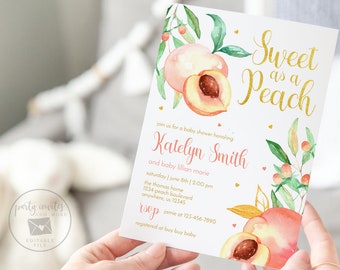 Editable Peach Baby Shower Invitation, Sweet as a Peach Shower Invite, Watercolor Peaches, Baby Girl, Printable Template 2156