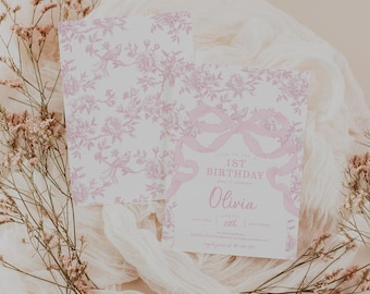 Light Pink Bow and Toile Birthday Invitation, Pink Floral Birthday Invite with a Pink Bow, 2771