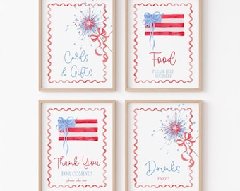 4th of July Birthday Party Table Signs, Patriotic Fourth of July First Birthday Signs with Bows, Red White and Blue, 2826