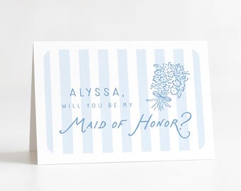Light Blue Striped Bridesmaid Proposal Card with a Hand Drawn Bouquet, Printed Elegant Stripes Bridal Party Proposal Cards
