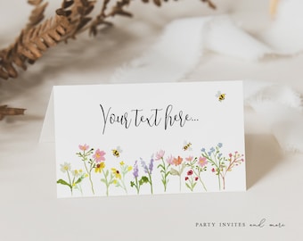 Tente de carte de lieu de fleurs sauvages, étiquettes de nourriture de fleurs sauvages modifiables personnalisées, cartes de visite pour baby shower ou fête d'anniversaire, téléchargement immédiat 2154