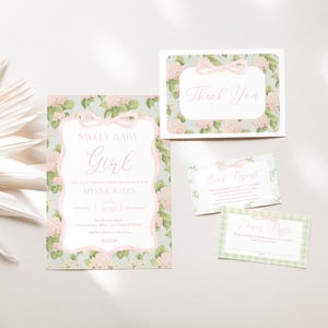 Faire-part de fête prénatale rose clair avec hortensias avec cadre en ruban, Faire-part de fête prénatale floral rose et vert avec carte de remerciement, 2824