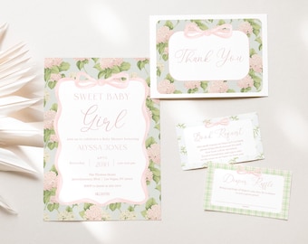 May include: A set of baby shower invitations with a floral design. The invitation features a pink bow and the text "Sweet Baby Girl". The other cards include a thank you card, a gift request card, and a diaper raffle card.