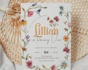 Editable Wildflower Birthday Invitation, Watercolor Floral Birthday Invite, 1st Birthday, Garden Party, Wild Flowers Printable Template 2543