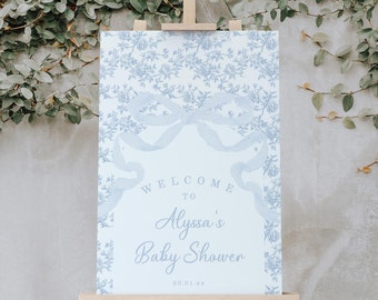 Light Blue Bow and Floral Baby Shower Welcome Sign, Toile Baby Shower Sign with Bow, 2770