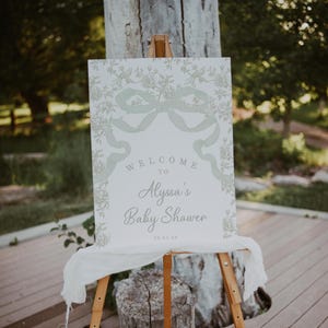 Light Green Bow and Floral Baby Shower Welcome Sign, Editable Toile Bridal Shower Sign with a Bow, 2781