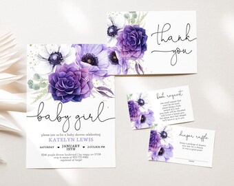 Editable Purple Floral Baby Shower Invitation Set, Printable Baby Shower Invite Bundle, Instant Download Template, Baby Girl Invitation 1061