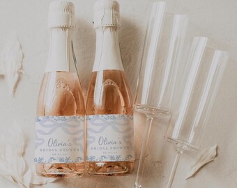 Light Blue Toile and Bow Bridal Shower Mini Champagne Labels, Printed Toile Bridal Shower Champagne Bottle Favor Stickers, set of 10, 2770