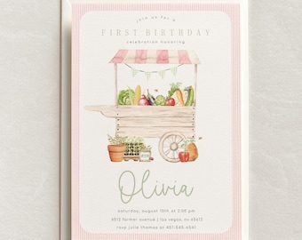 Farmers Market Birthday Invitation, Vegetable Cart, First Birthday, Printed Invite, 2749