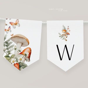 Editable Mushroom and Strawberries Baby Shower Banner, Forest Wildflower and Mushroom Banner, 2601