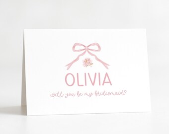 Will You Be My Bridesmaid Card with Pink Bow and Rose, Pink Elegant Bridal Party Proposal Cards, 2844