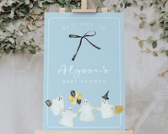 Black Bow Halloween Baby Shower Welcome Sign with Ghosts, Editable Baby Boy Halloween Sign, Spooky Baby Shower Welcome Sign, 2757