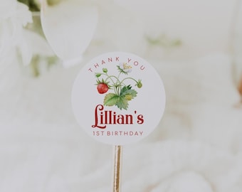 Personalized Strawberry Birthday Party Favor Stickers, Treat Bag Labels with Strawberries and Flowers, 2585
