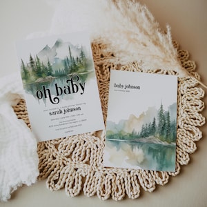 Forest Greenery Mountain Baby Shower Invitation, Editable Adventure Baby Shower Invite, Gender Neutral Woodland Invitation 2594