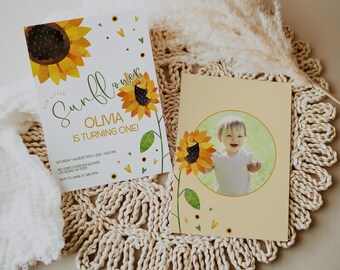 May include: A yellow and brown sunflower birthday invitation with the text "Our Little Sunflower Olivia is Turning One!" and a photo of a baby girl in a circle with a sunflower behind her.