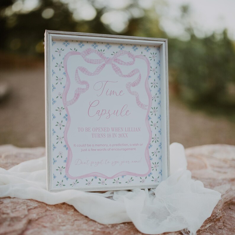 Pink Bow Birthday Time Capsule Sign and Card, Editable Gingham Cake and ...