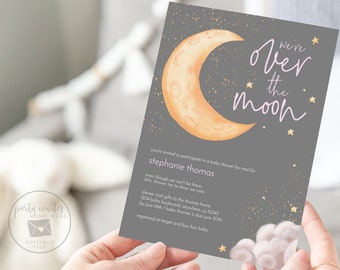 Editable Moon and Stars Baby Shower Invitation, Celestial Baby Shower Invite, Girl Baby Shower, Baby Shower by Mail Printable Template 2155