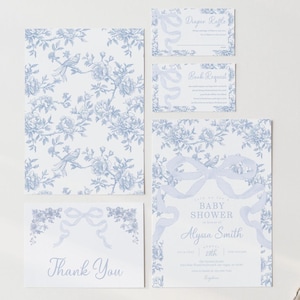 Hellblaues Schleifen- und Toile-Babyparty-Einladungs-Set, Blaues Schleifen-Blumen-Babyparty-Einladung mit Einsätzen und Dankes-Karte 2770