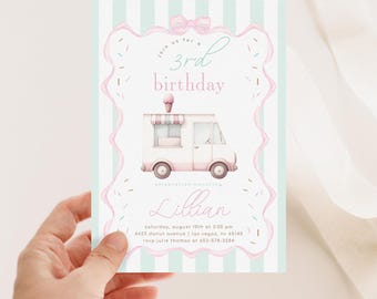 May include: A pink and white ice cream truck birthday party invitation with a pink bow, sprinkles, and the text "Join us for a 3rd birthday". The invitation also includes the name "Lillian", the date and time of the party, and the address.