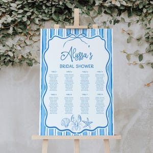 Coastal Bridal Shower Seating Chart Sign, Blue Stripes and Seashells, Editable Beach Seating Sign with Bow Frame, 2833