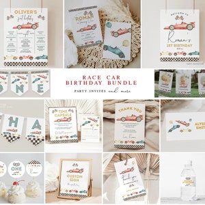 Editable Race Car First Birthday Invitation Bundle, Racing Party 1st Birthday Decorations, 2545