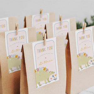 Pastel Dinosaur Baby Shower Thank You Tags, Editable Modern Girl Dinosaur Party Favor Tags, 2761