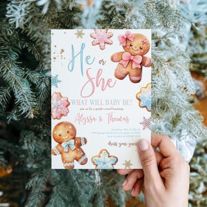 Feiertags-Lebkuchen-Plätzchen-Gender enthüllen Einladung, rosa und blaues Weihnachten Geschlecht offenbaren einladen, 2717