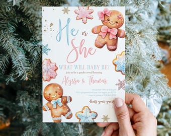 Holiday Gingerbread Cookie Gender Reveal Invitation, Pink and Blue Christmas Gender Reveal Invite, 2717