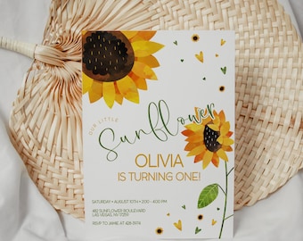 Editable Sunflower Birthday Invitation, Girl Sunflower Birthday Invite, First Birthday Invitation 2578