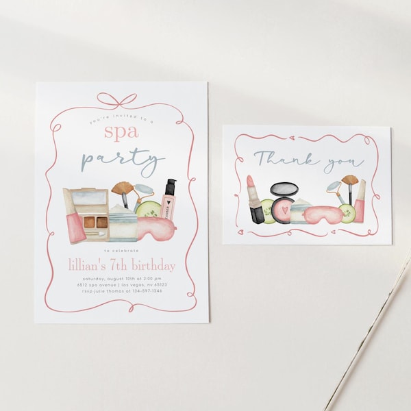 Spa Birthday Invitation & Thank You Card, Makeup Party Invite, 2766