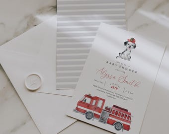 Edytowalne zaproszenie na baby shower w kształcie wozu strażackiego, zaproszenie na baby shower w kształcie strażaka, drukowane zaproszenie na baby shower dla chłopca w kształcie wozu strażackiego, 2605