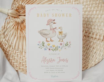 Uitnodiging babyshower gans: roze gingang, bloemen (bewerkbaar)