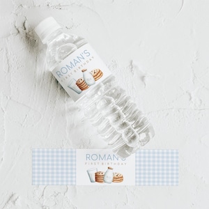 Milch und Kekse Wasserflaschenetiketten, bearbeitbare Milch und Kekse Wasserflasche Etikettenvorlage mit Gingham, 2742