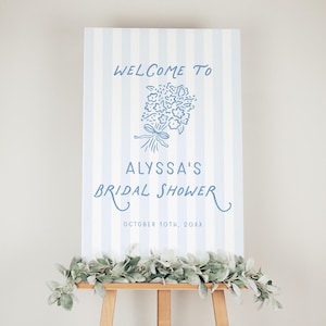 Blue Stripes Bridal Shower Welcome Sign, Floral Bouquet (Digital Download), 3006