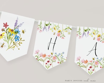 Editable Wildflower Birthday Banner, Floral Happy Birthday Banner, Wildflower Party Decorations, Printable Instant Download 2154