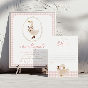 Cartello e biglietti con messaggio per capsula del tempo di compleanno con motivo a quadretti rosa e oca, cartello modificabile con capsula del tempo con motivo a quadretti, 2810