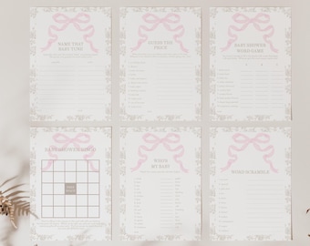 Beige and Pink Bow Toile Baby Shower Game Bundle, Printable Toile Baby Shower Games, 2778