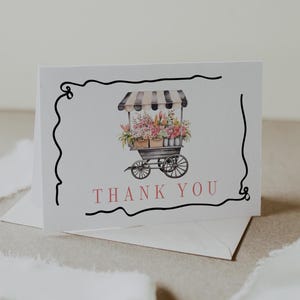 Flower Market Thank You Cards, Flower Stand Birthday or Baby Shower Note Cards, Flower Cart, Set of 12 Cards and Envelopes, 2820