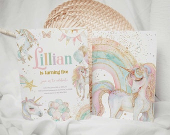 Unicorn Birthday Invitation, Editable Unicorn Birthday Party Invitation, Rainbow Birthday Invitation, 2736