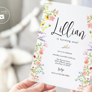 Editable Wildflower Birthday Invitation, Watercolor Floral Birthday Invite, 1st Birthday, Garden Party, Wild Flowers Printable Template 2154