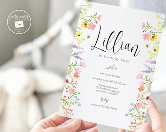 Editable Wildflower Birthday Invitation, Watercolor Floral Birthday Invite, 1st Birthday, Garden Party, Wild Flowers Printable Template 2154